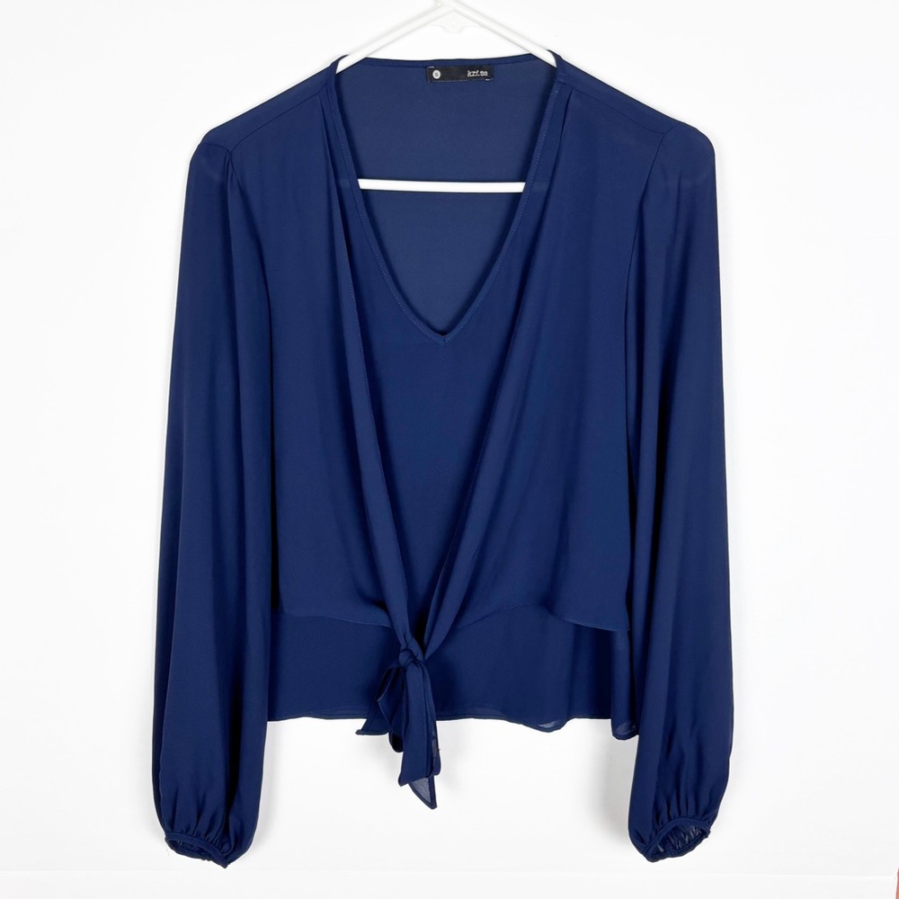 Krisa Top Size Small Navy Blue Chiffon Layered Tie Front Long Sleeve V Neck - Picture 7 of 7